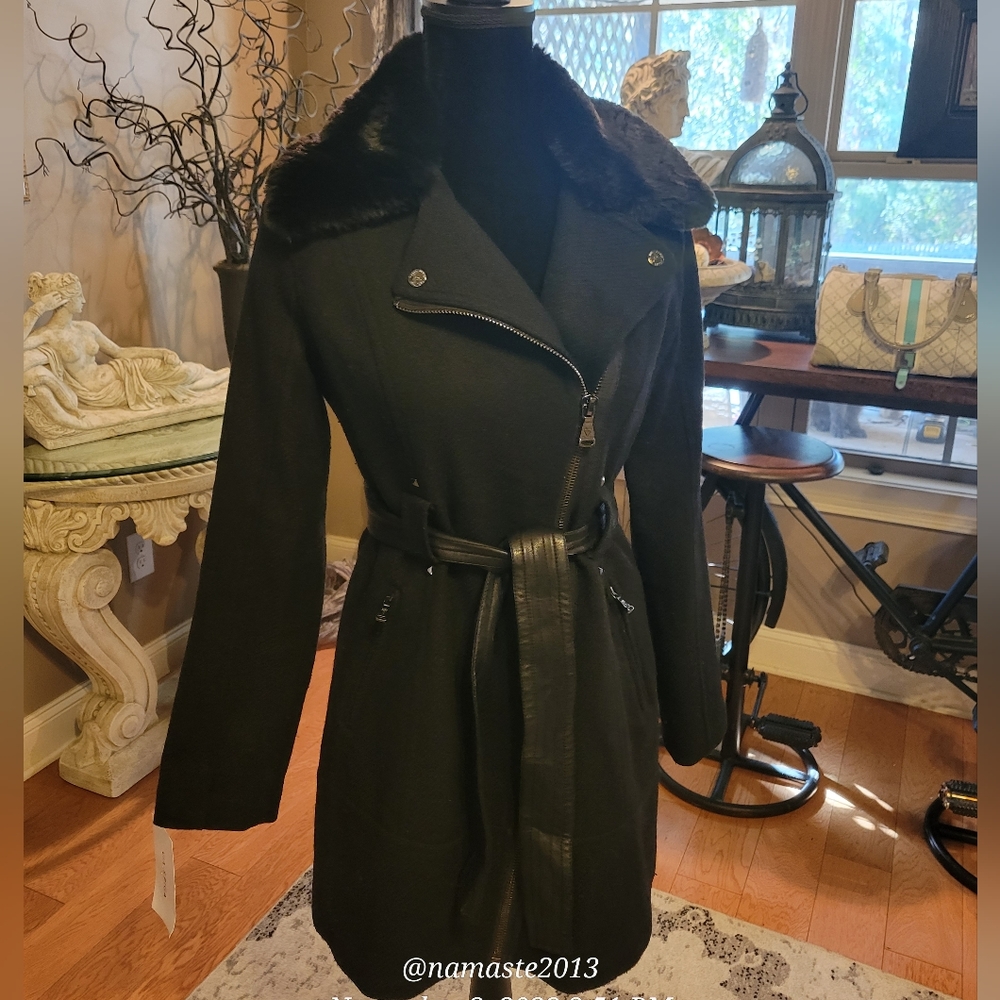 Guess Wool Blend Pea Coat Faux Fur Collar Leather Belt Studded Black Small #613